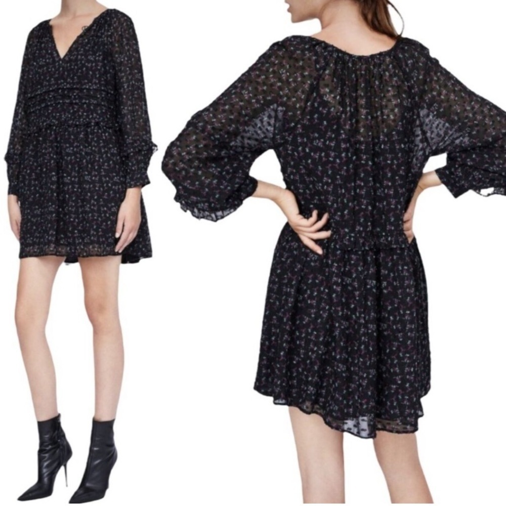 SOLD Zara Basic Swiss Dot Floral Mini Dress Oversized Sheer with Slip Sz a